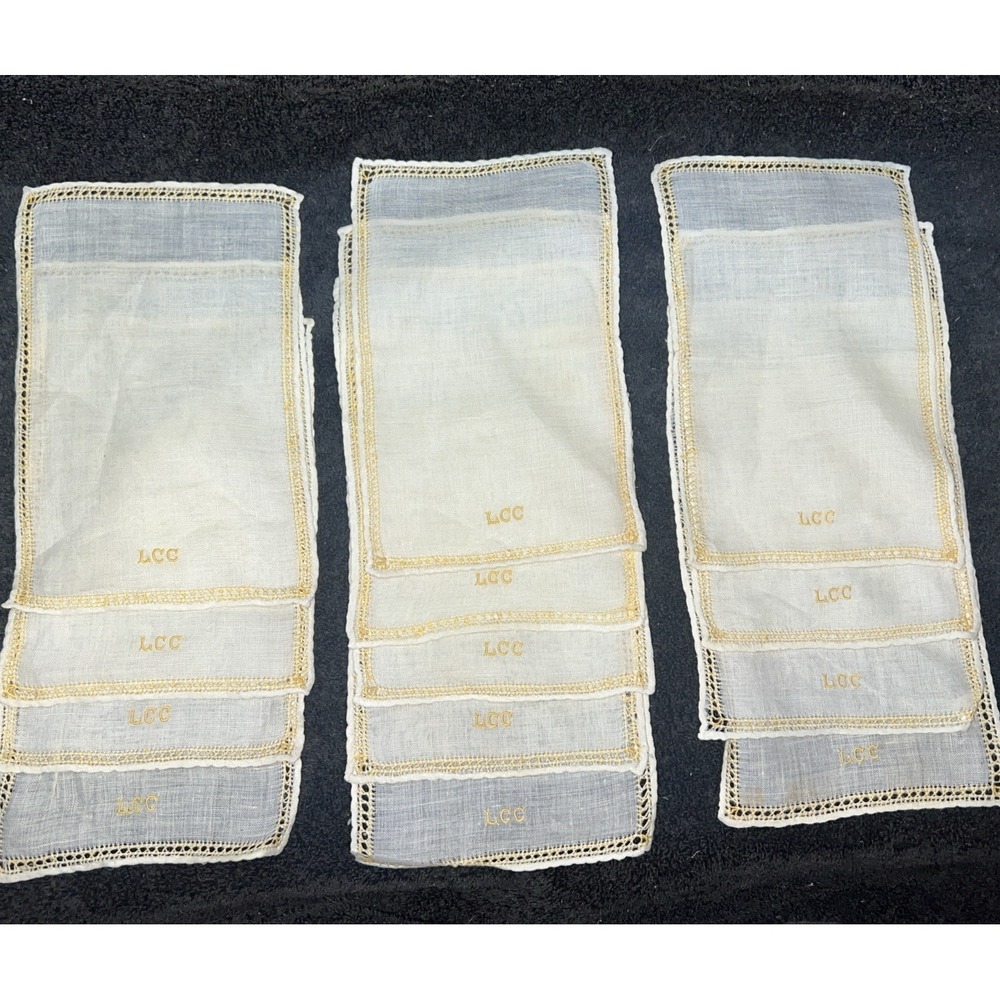 13 VTG Rectangle Linen Cocktail Napkin Embroidered "LCC" 5"x8"